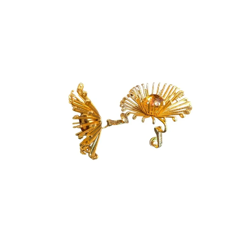 Vintage Coro Gold Tone Amber Rhinestone Sunburst Brooch and Clip Earring Set